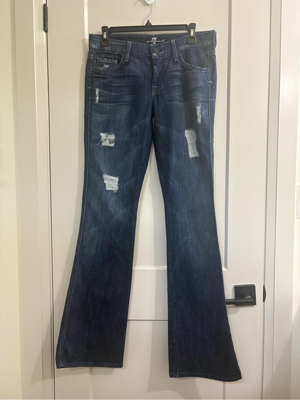 Seven For All Mankind Women’s Dark Blue Distressed Flare Jeans